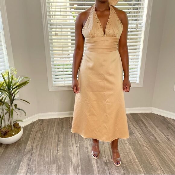 Windsor Gold Satin Embellished MIDI Halter Dress with Bow - Picture 4 of 13